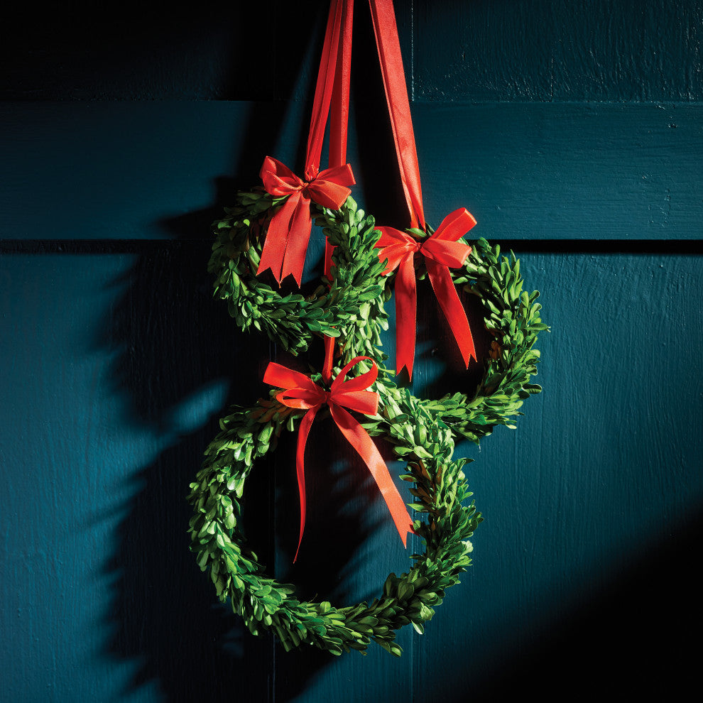 Boxwood Wreaths With Red Ribbons, Set of 3