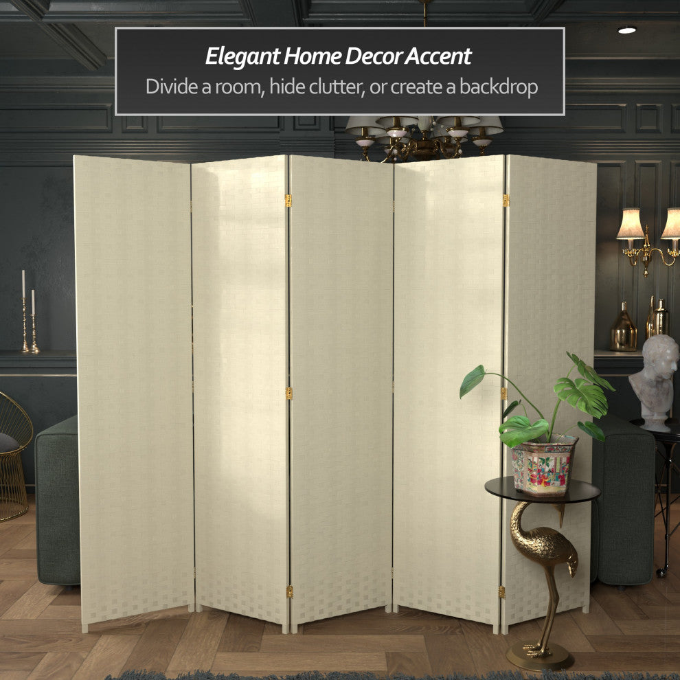6' Tall Woven Fiber Room Divider, 5 Panel, Cream