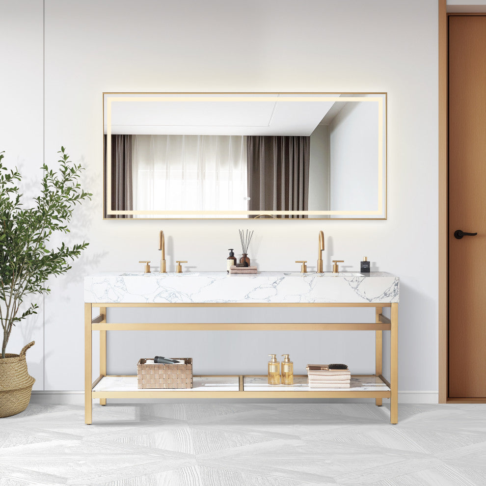 Ecija Bath Vanity, Metal Support with Stone Top, Brushed Gold, 72 in., With Mirror