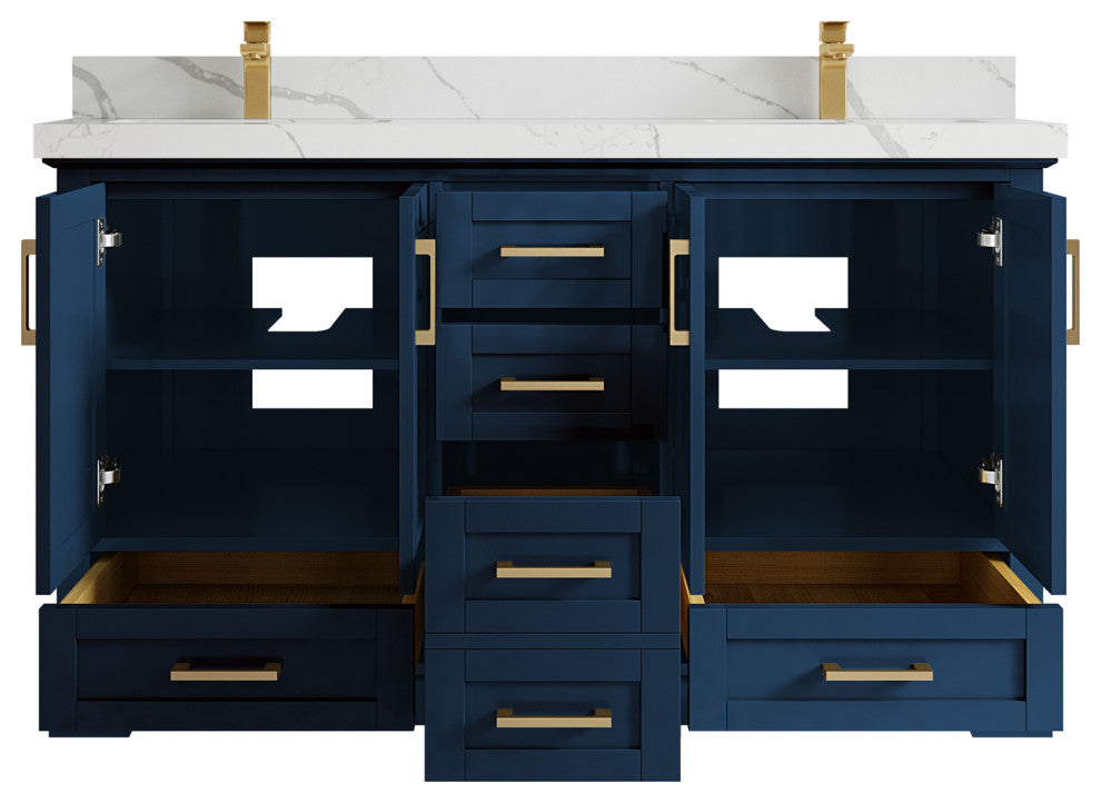 Boston 60 Double Bathroom Vanity in Navy Blue 2" Calacatta Laza