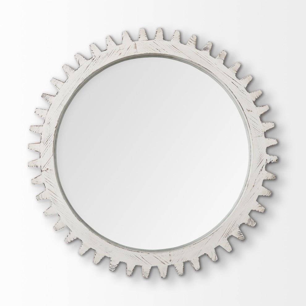 Sundance Off-White Solid Wood Frame Round Cog Mirror, 36"