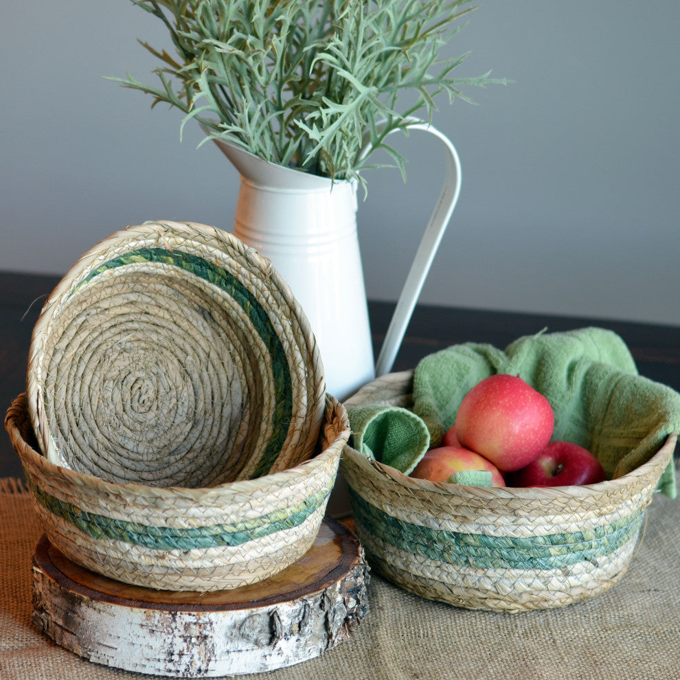 3 Piece Green and Natural Striped Baskets Set