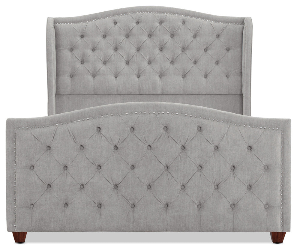 Marcella Upholstered Tufted Shelter Wingback Panel Bed, Silver Grey Polyester, Queen