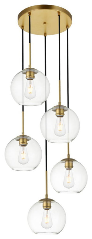 Midcentury Modern Brass And Clear 5-Light Pendant