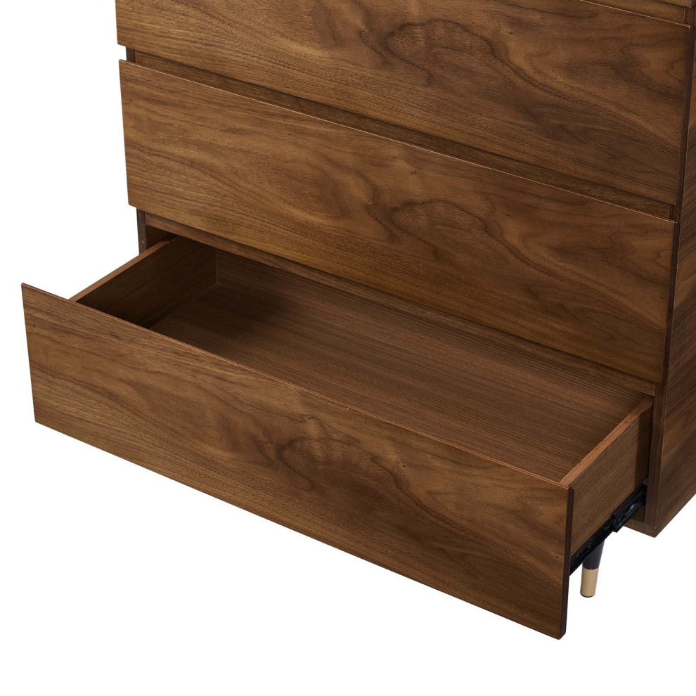 Queen Bed Dresser Chest Nightstand Set, Wood, Brown Walnut, Modern Room