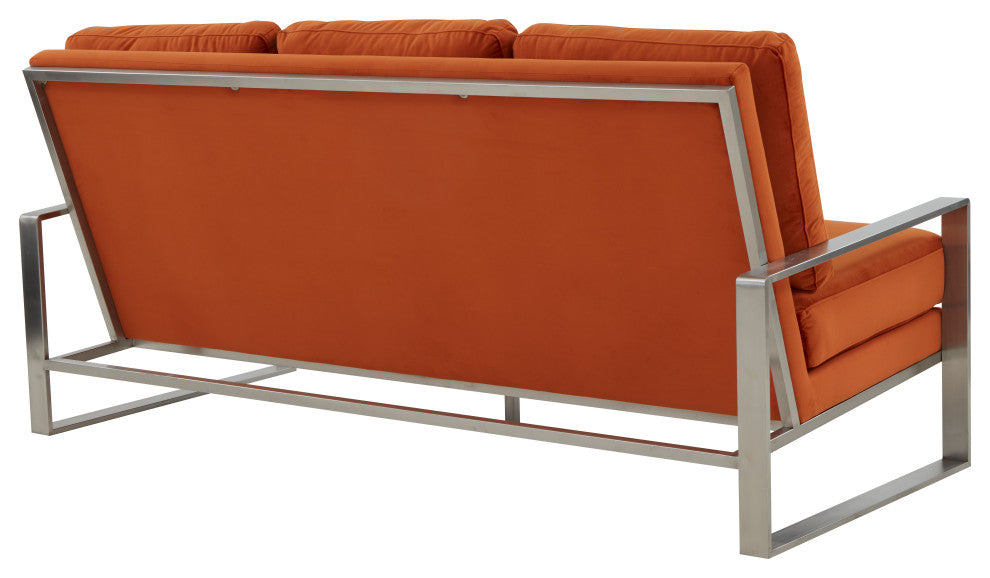 LeisureMod Jefferson Modern Design Velvet Sofa With Silver Frame, Orange
