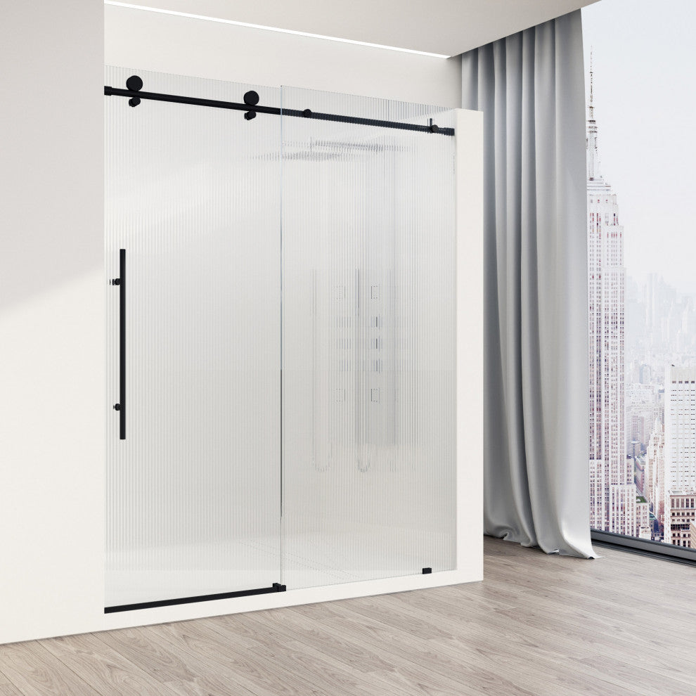 VIGO Elan E-Class 56" to 60" W x 76" H Frameless Sliding Shower Door, Matte Black, Fluted Glass, Left