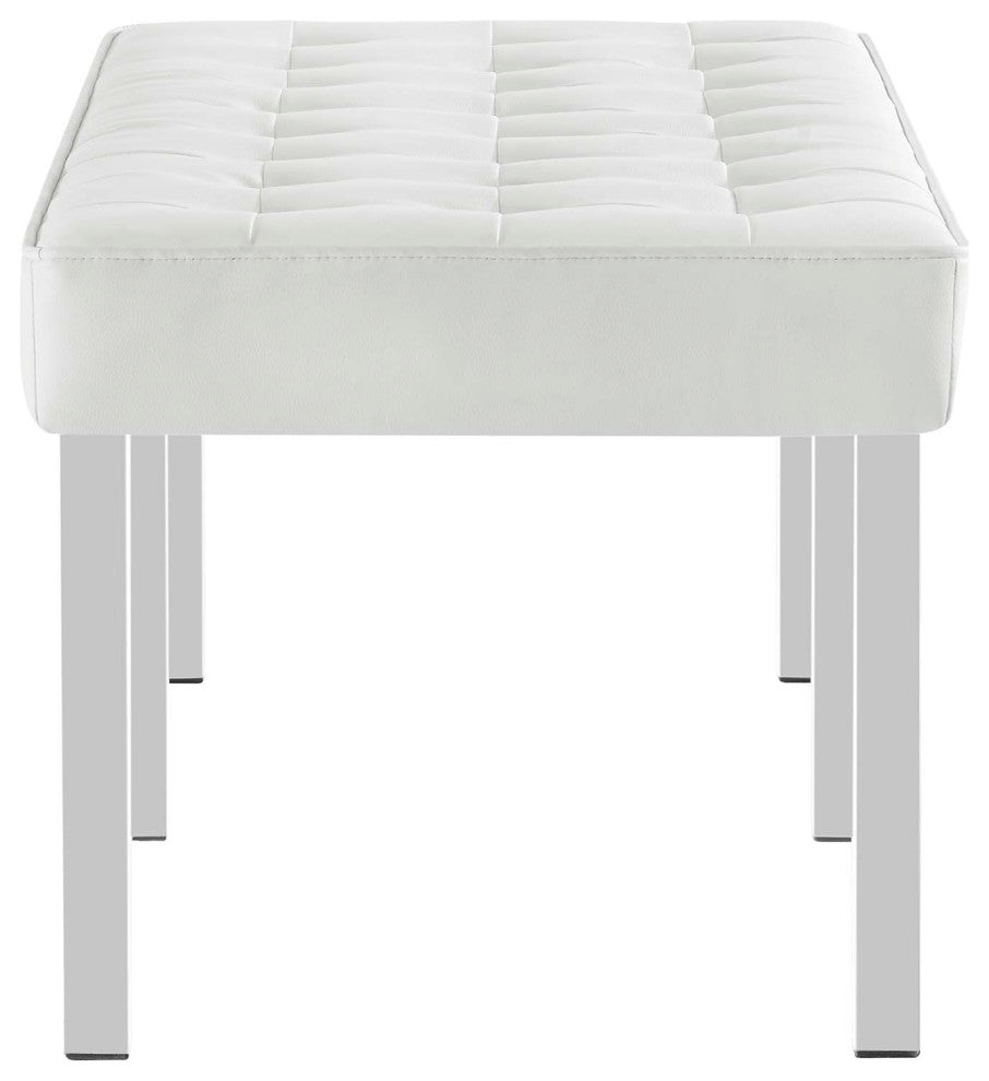 Loft Tufted Large Upholstered Faux Leather Bench Silver White