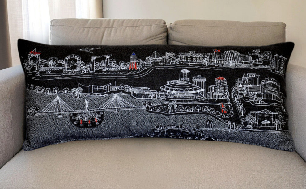 35" Black Wichita Nighttime Skyline Lumbar Decorative Pillow