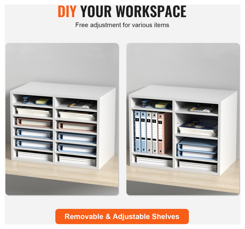 12 Compartments Wood File Organiser Office Mailbox with Adjustable Shelves, White