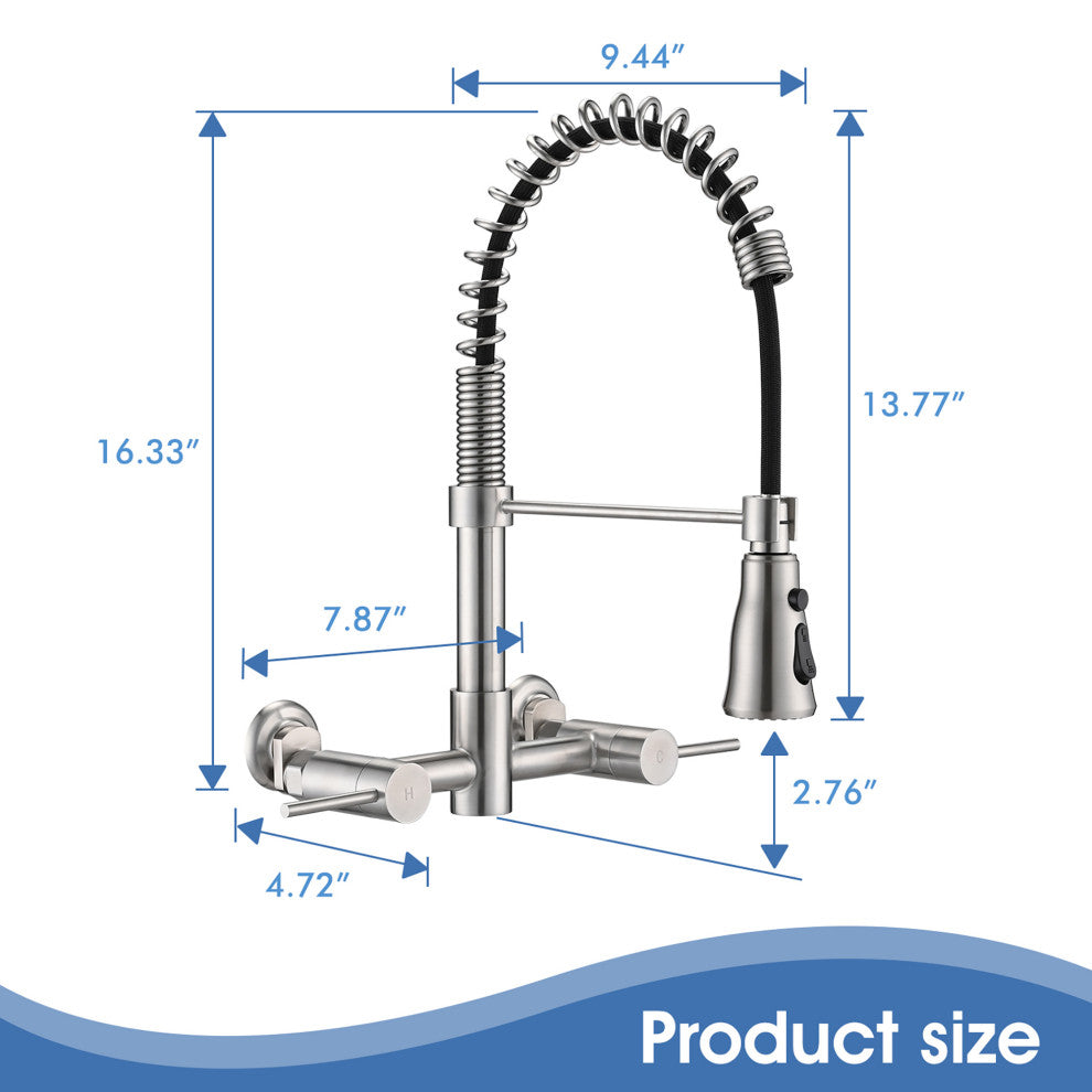 Double Handle Wall Mounted Spring Neck Bridge Kitchen Faucet, Brushed Nickel