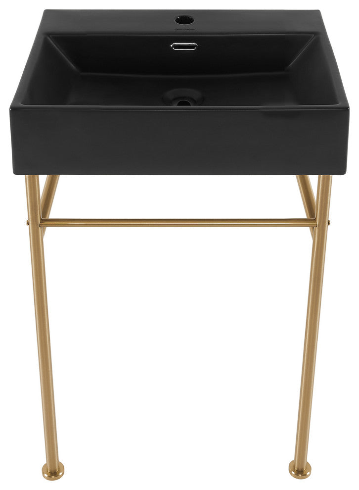 Claire 24" Ceramic Console Sink Matte Black Basin Gold Legs, Brushed Gold
