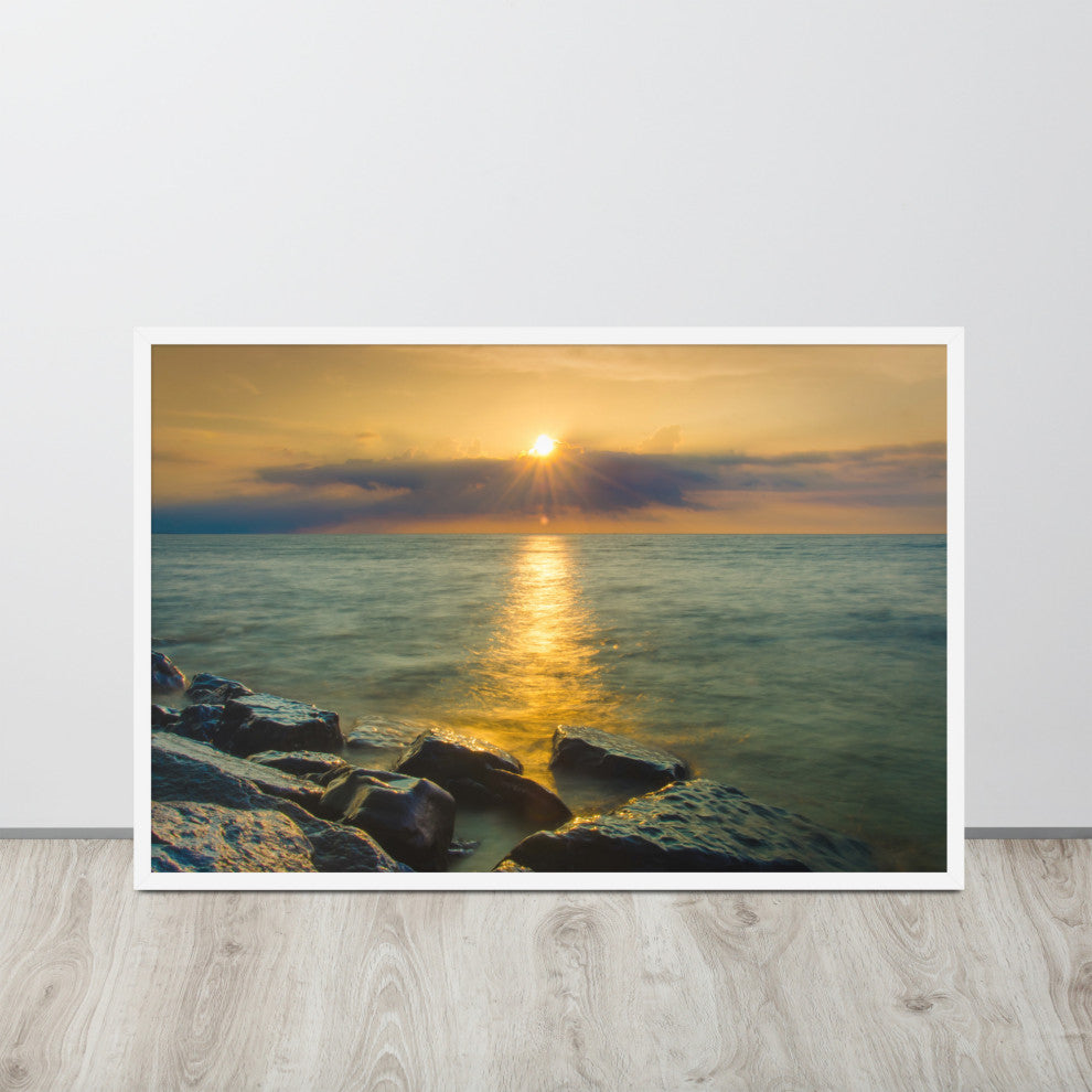 Sun Ray on the Water Coastal Landscape Framed Photo Paper Wall Art Print, White, 24" X 36"