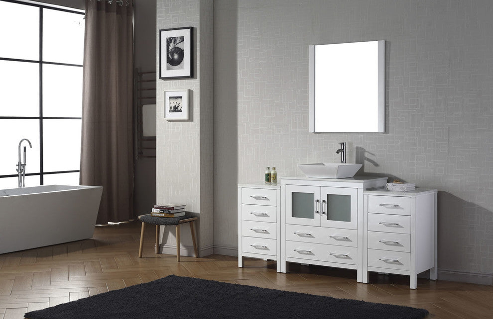 Virtu Dior 68" Single Bathroom Vanity, White With White Top, Faucet and Mirror