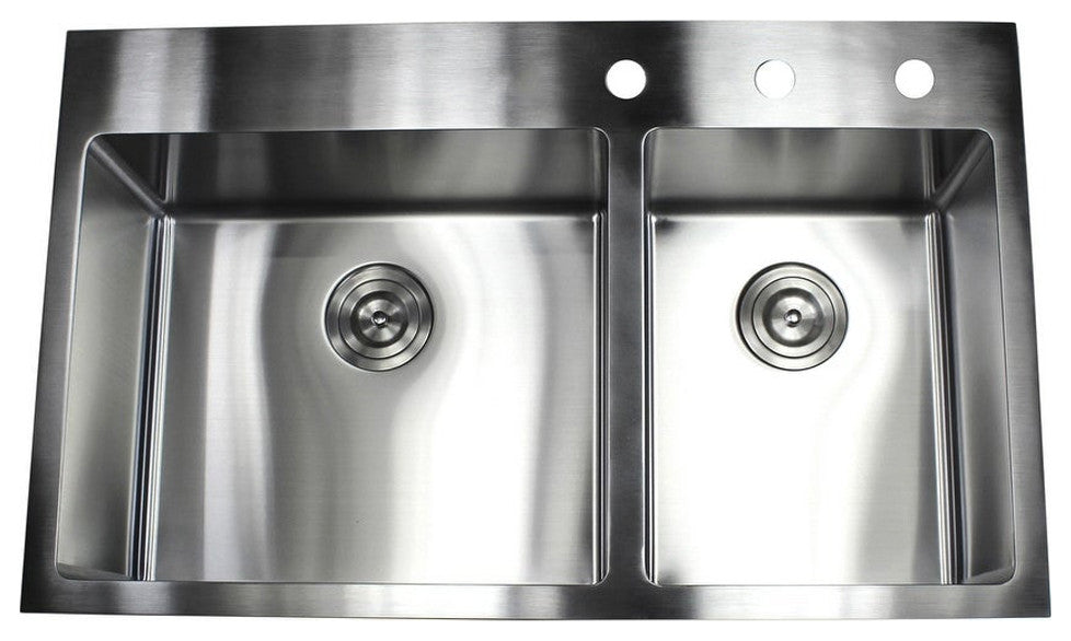 33" Topmount 16 Gauge 60/40Double Bowl, Sink With Faucet and Strainer