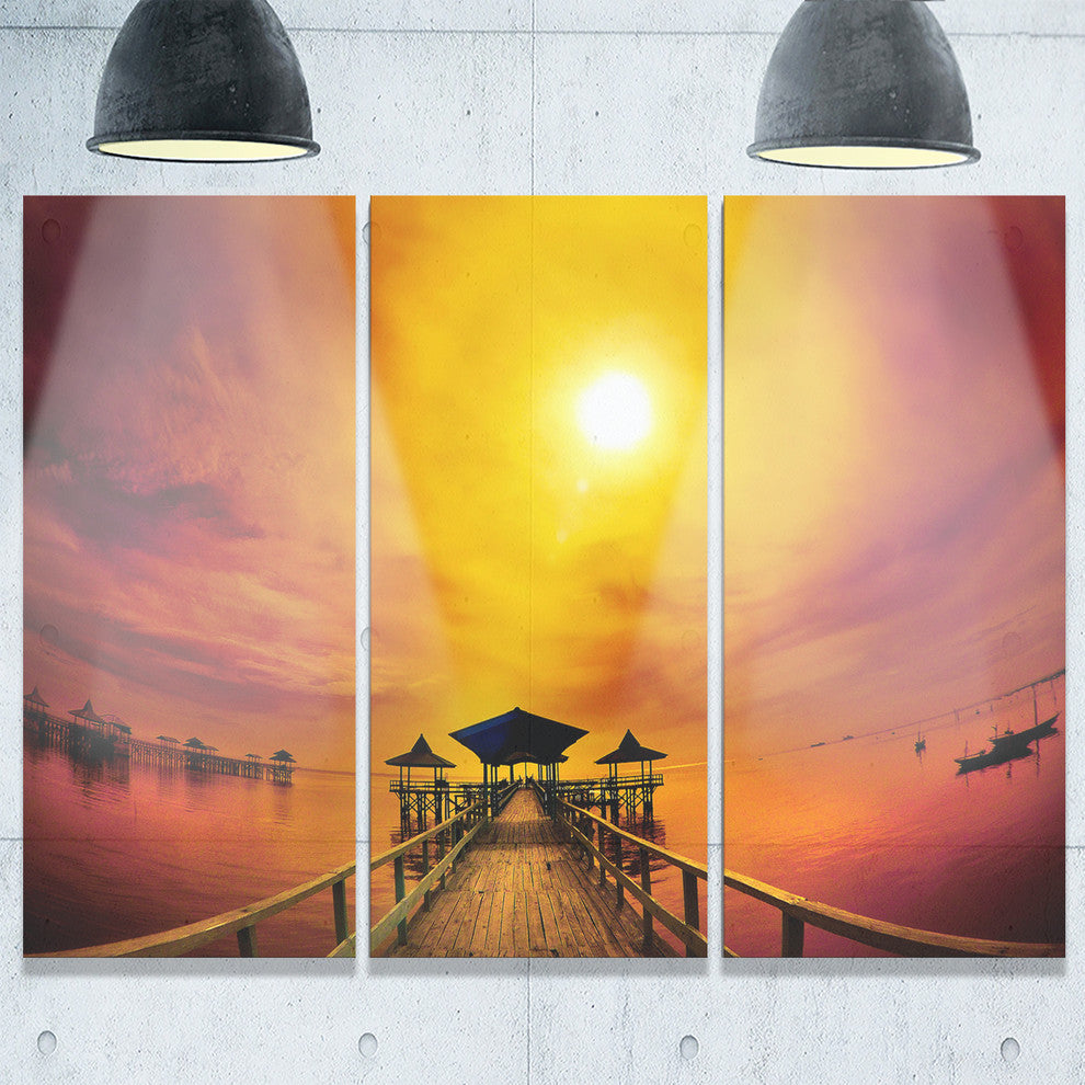 "Exotic Wood Pier Under Yellow Sun" Metal Wall Art, 3 Panels, 36"x28"