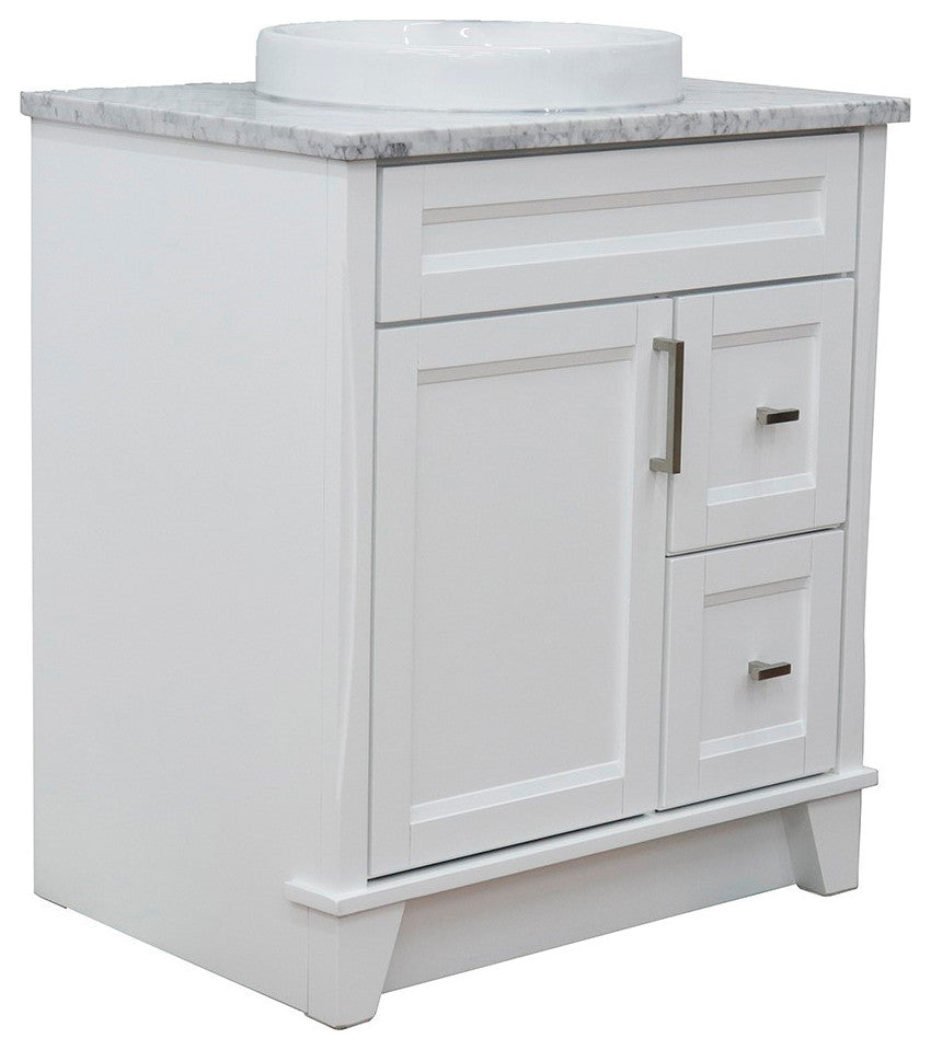 31" Single Sink Vanity, White Finish With White Carrara Marble With Round Sink