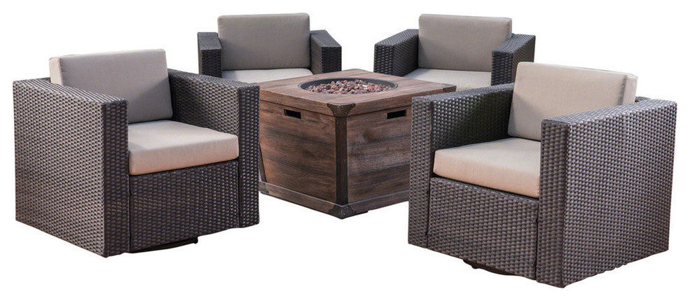 GDF Studio 5-Piece Pearson Outdoor Wicker Swivel Club Chair and Fire Pit Set