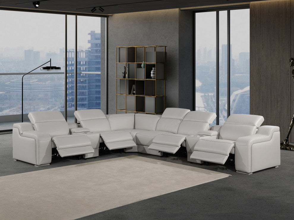 Marco-8-Piece, 4-Power Reclining Italian Leather Sectional, Light Gray
