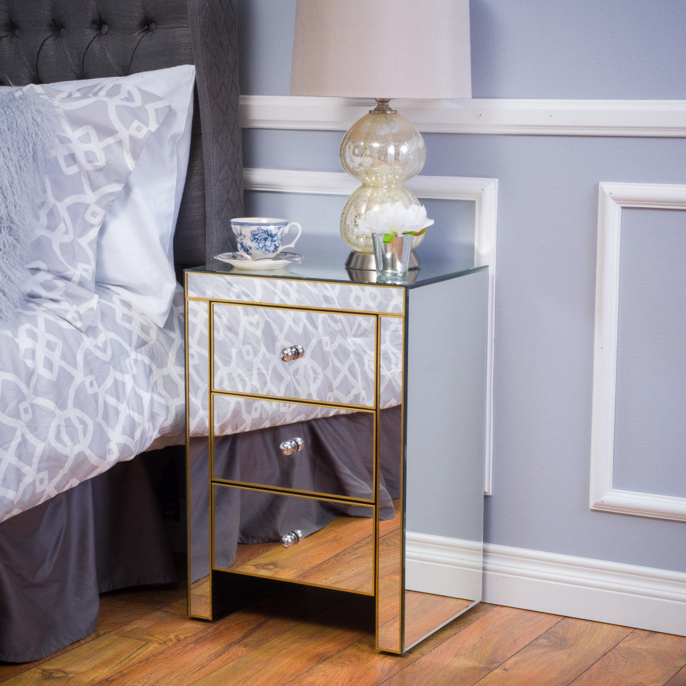 GDF Studio Langley Mirrored 3 Drawer Side Table