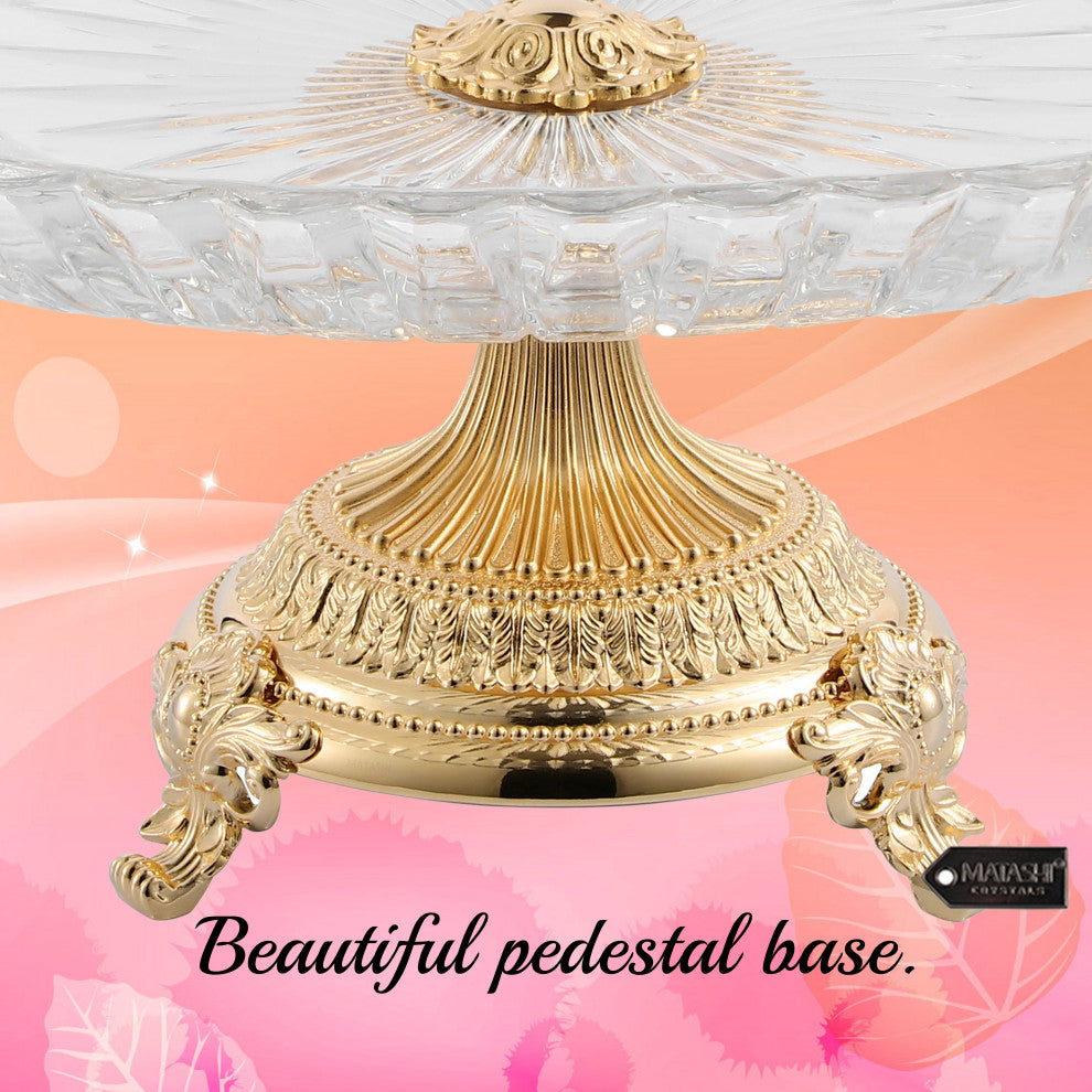 Crystal Cake Dish Round Serving Platter With 24K Gold Plated Pedestal Base