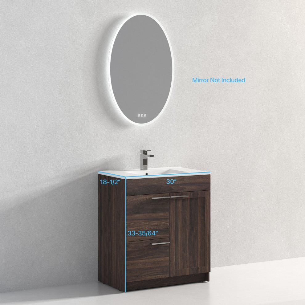 Freestanding Bathroom Vanity With Top Mount Sink, Cali Walnut, 30'' Ceramic Sink