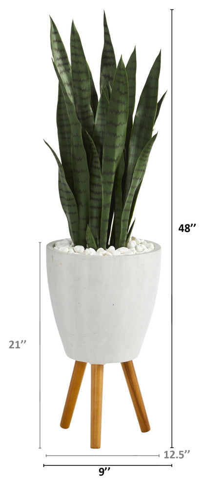 4' Sansevieria Artificial Plant, White Planter With Stand