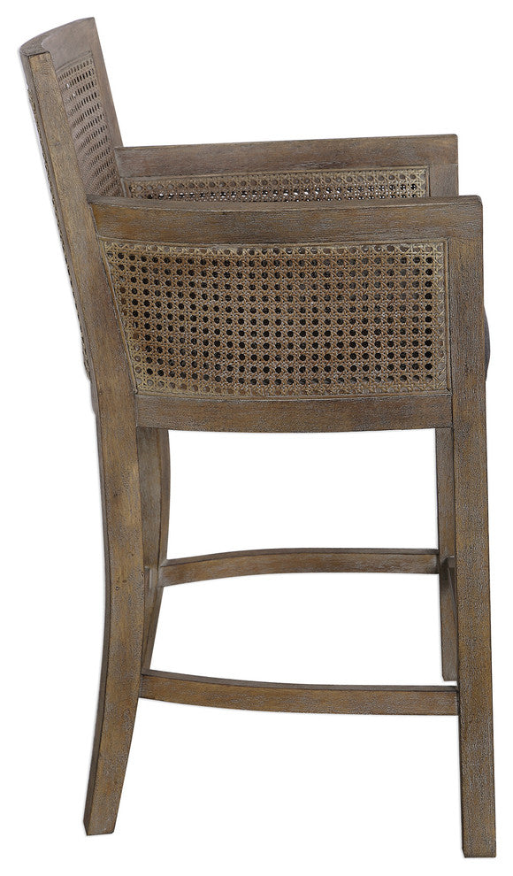 Exposed Bleached Wood Natural Finish Bar Counter Stool, Cane Back Sides Coastal