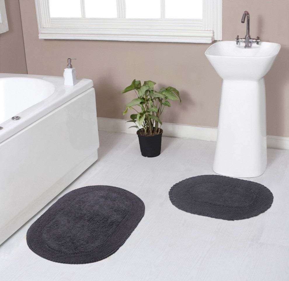 Double Ruffle Collection Bath Rugs Set, 2 Piece Set, Gray