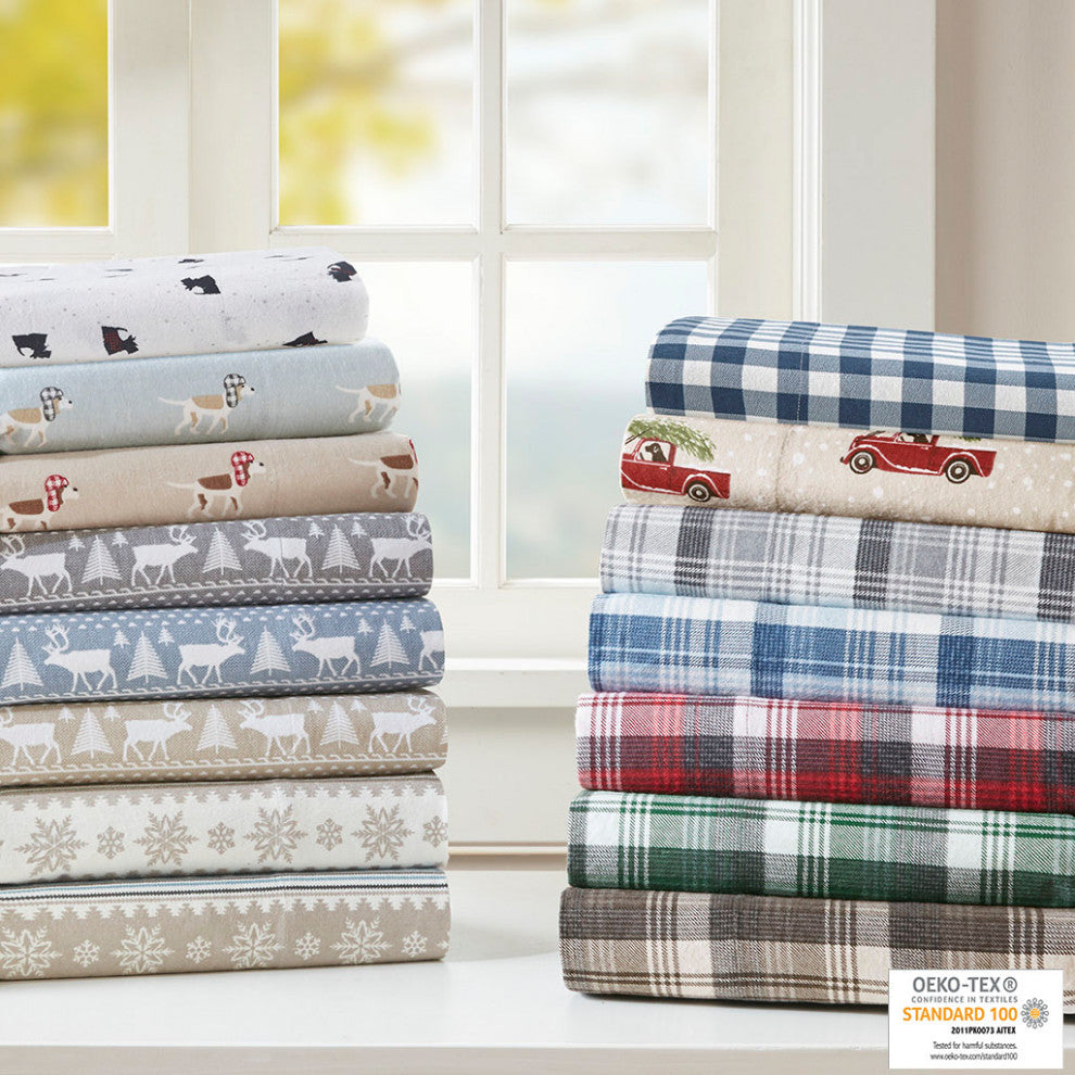 Woolrich Flannel Cotton Flannel Winter Sheet Set, White Scottie