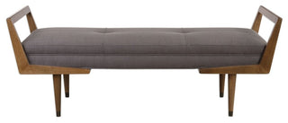 Midcentury Modern Exposed Wood Frame Bench, Tufted Gray Brown Retro Long