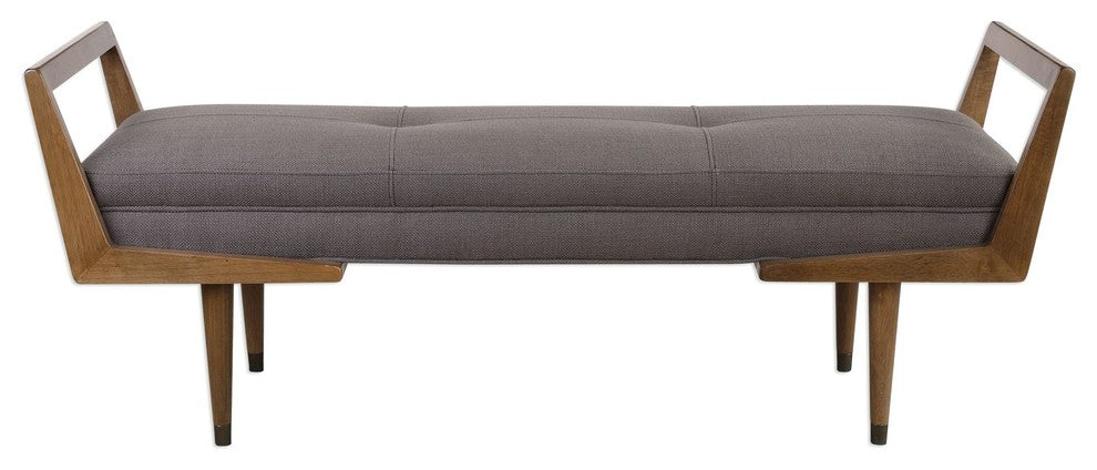 Midcentury Modern Exposed Wood Frame Bench, Tufted Gray Brown Retro Long