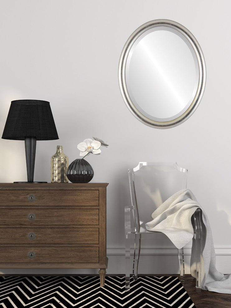 Pasadena Framed Oval Mirror, Silver Leaf With Brown Antique, 21"x25"