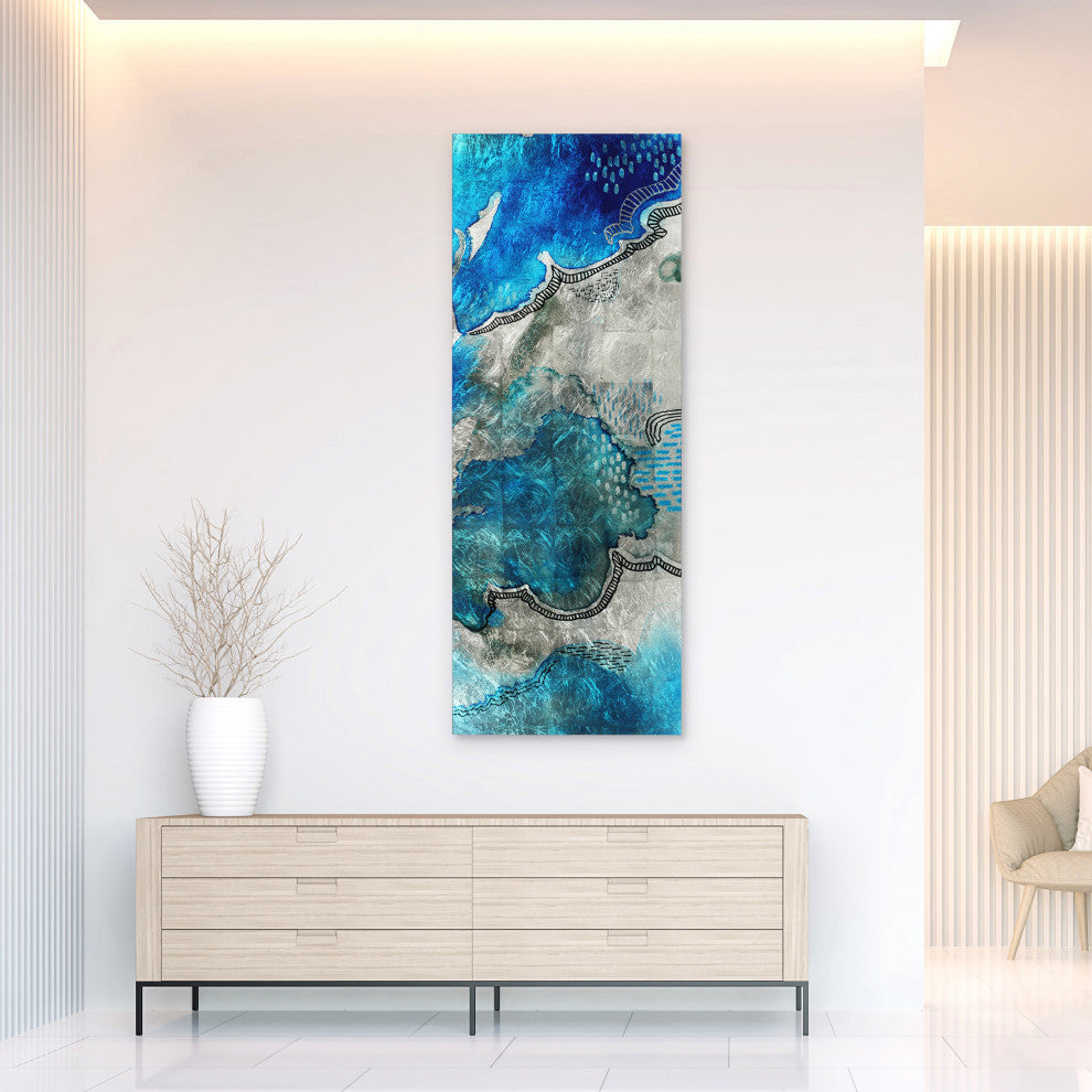"Subtle Blues B" Abstract Wall Art Reverse Print Tempered Glass With Silver Leaf