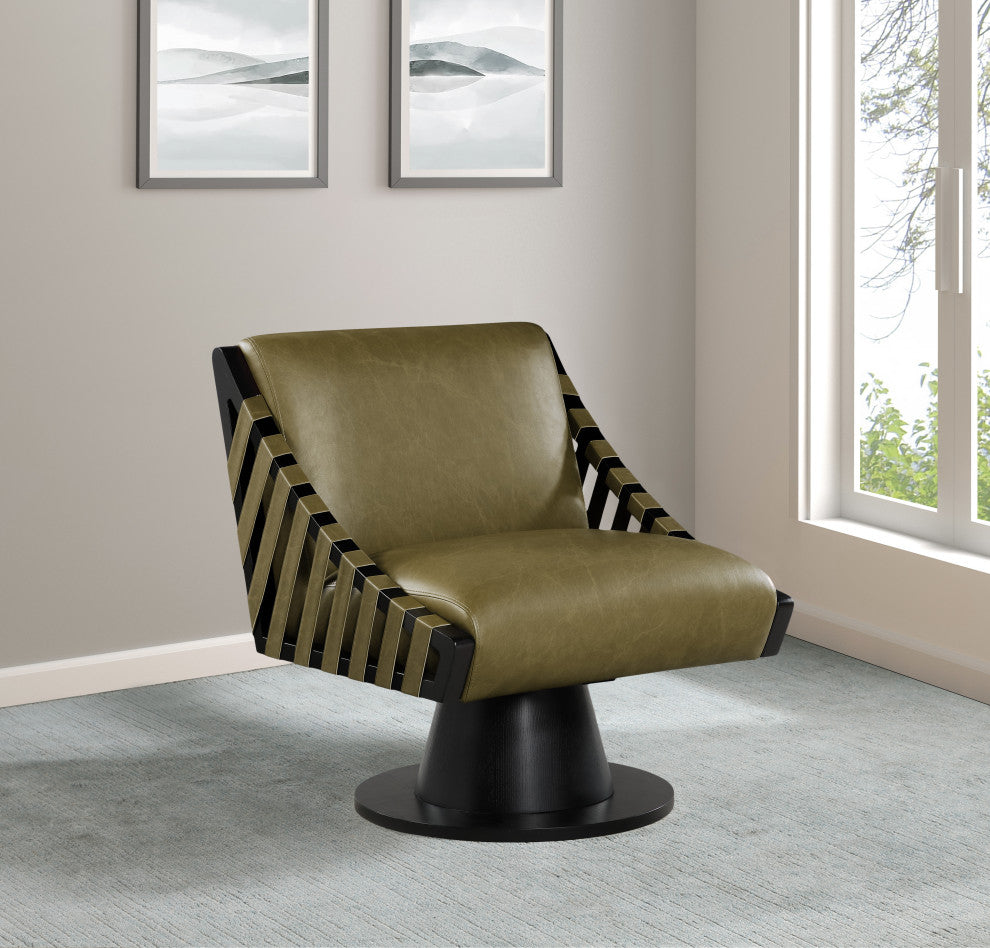 Millwin Upholstered Swivel Accent Chair, Olive, Vegan Leather, Black Finish
