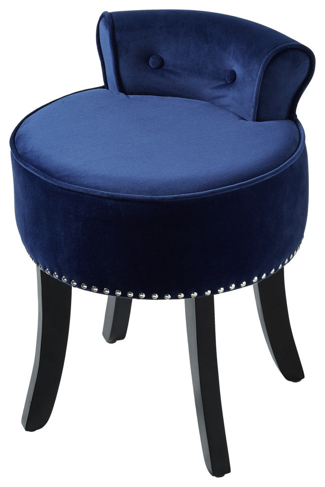 Ludovic Velvet Contemporary Nailhead Trim Rolled Back Vanity Stool, Navy