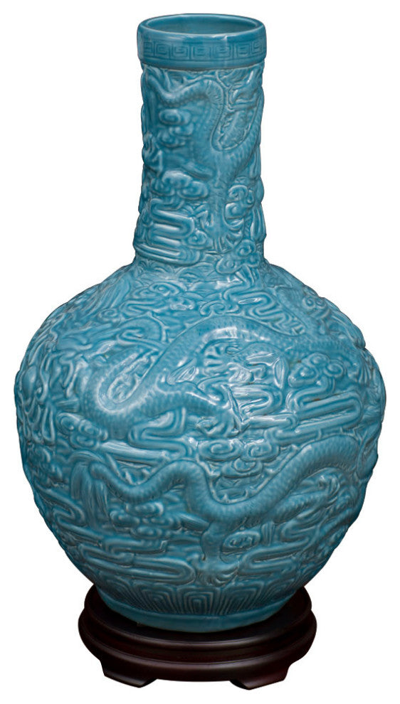 Sky Blue Porcelain Imperial Dragon Motif Chinese Temple Vase
