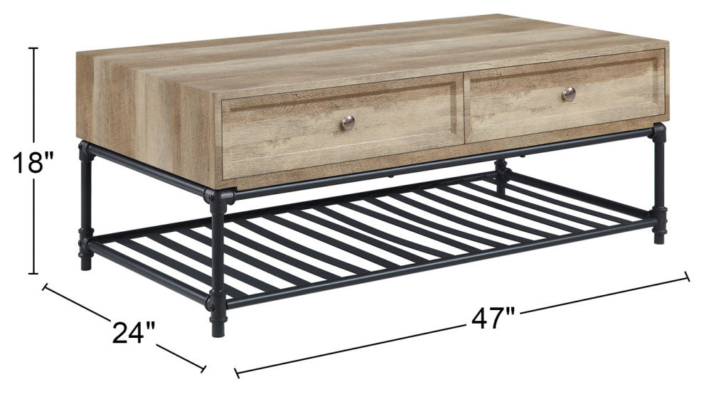 2 Drawers Coffee Table, Oak and Sandy Black