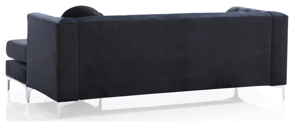 Pompano Velvet Button Tufted Sofa with Chaise, Black