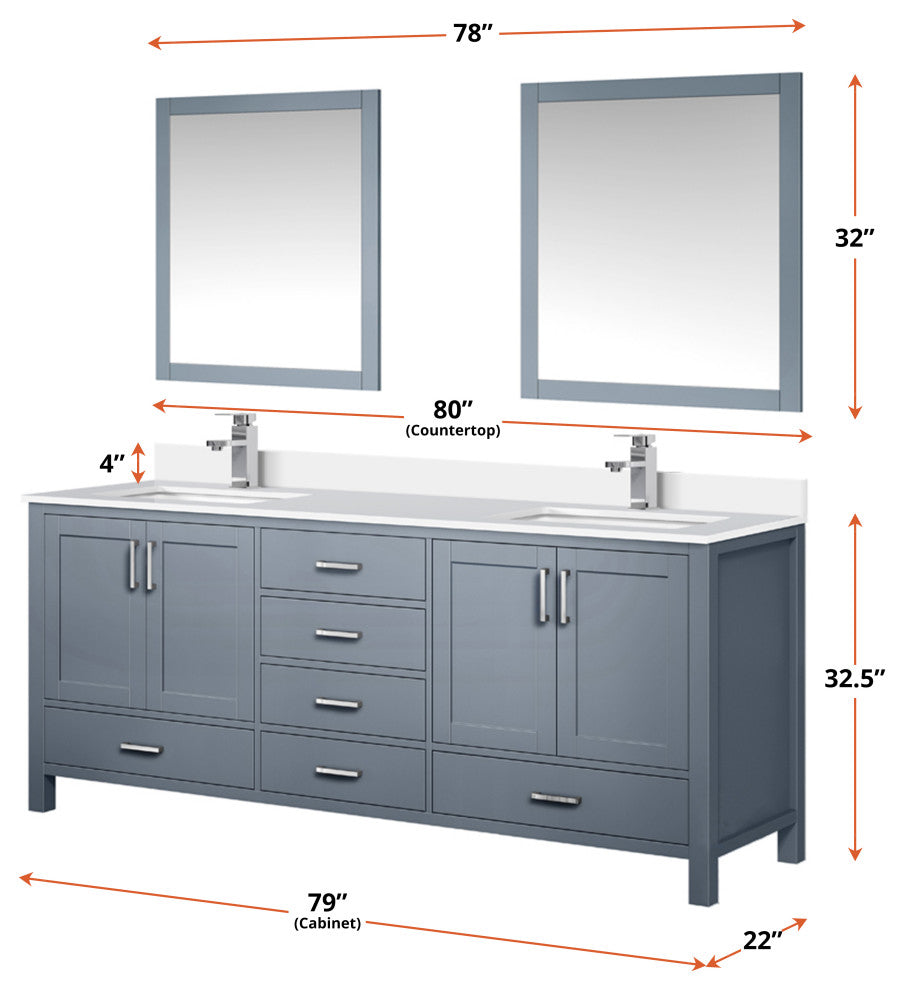 Jacques 80" Dark Grey Double Sink Vanity with Quartz Top, With Faucet and Mirror