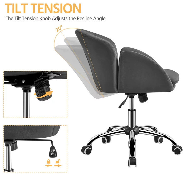 Set of 2 Office Chair, Silver Base With Channel Stitched Velvet Seat, Dark Gray