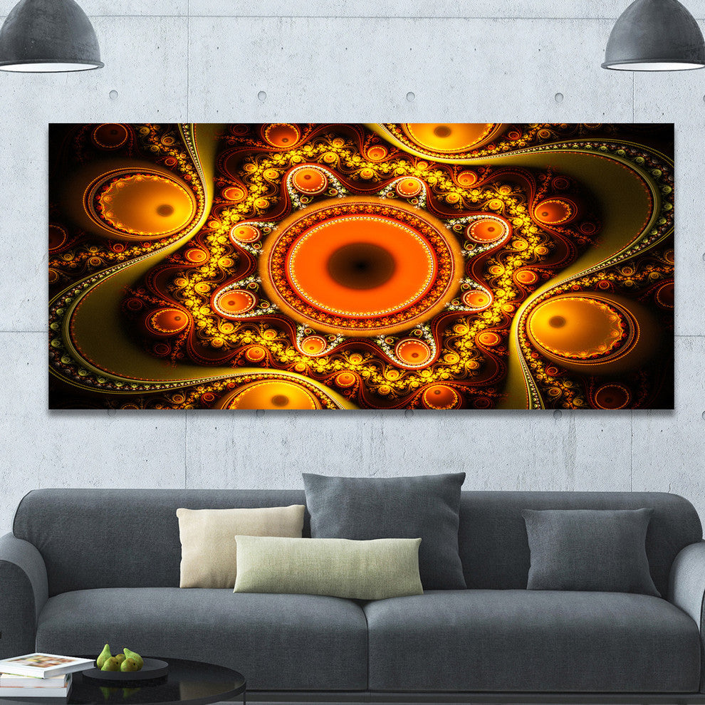 Golden Fractal Pattern with Circles, Oversized Abstract Canvas Art Print, 60x28