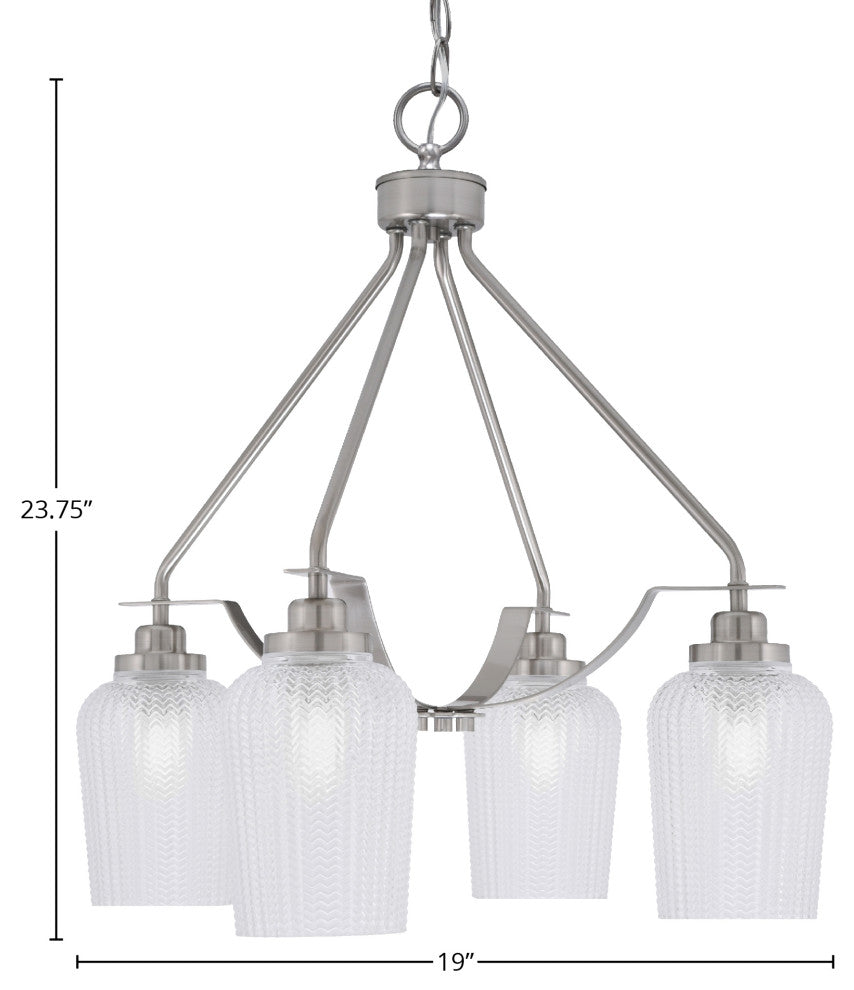 Odyssey 4 Light, Chandelier In Brushed Nickel Finish, 5" Clear Textured Glass