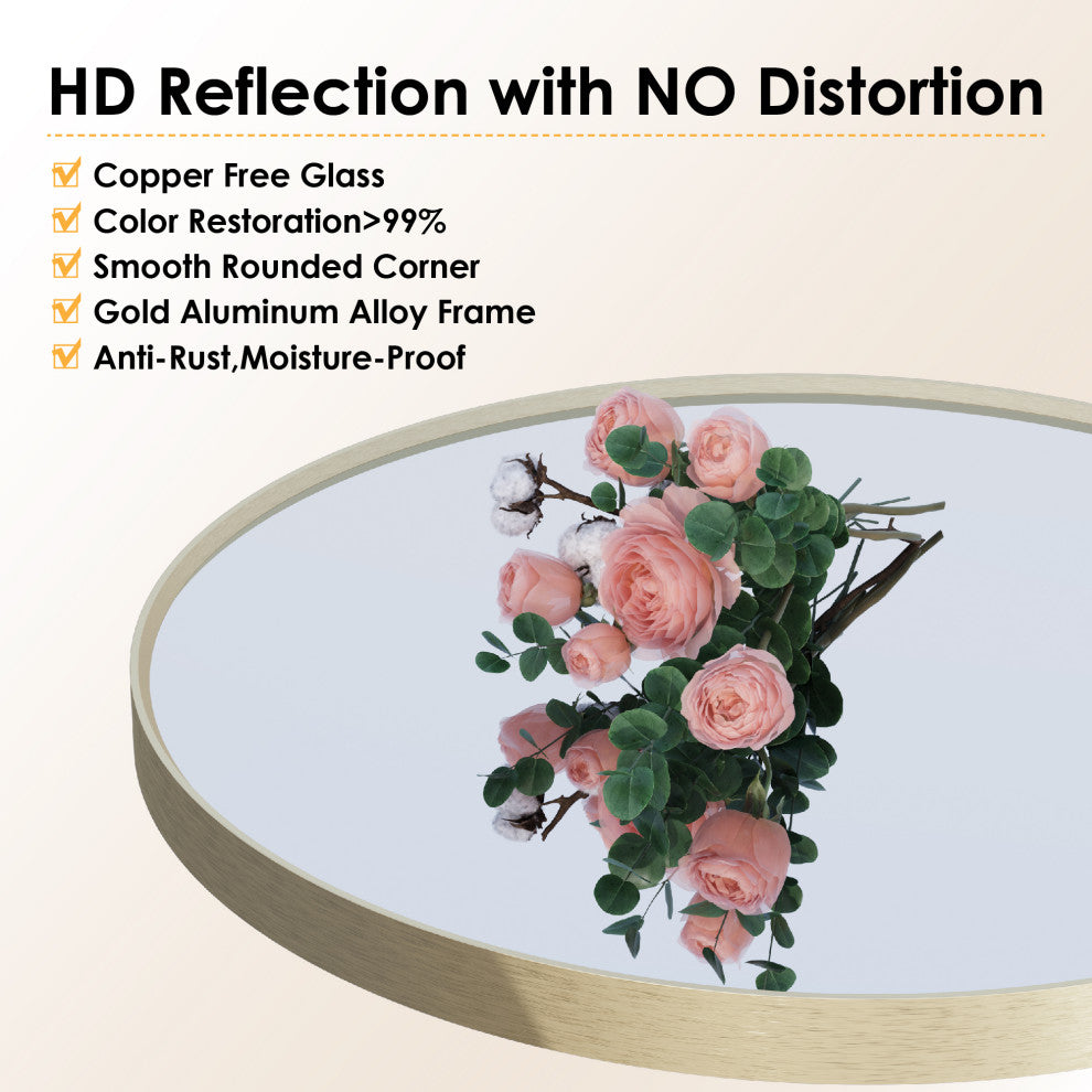 24" Round Anodized Aluminum Wall Vanity Mirror, Brushed Gold
