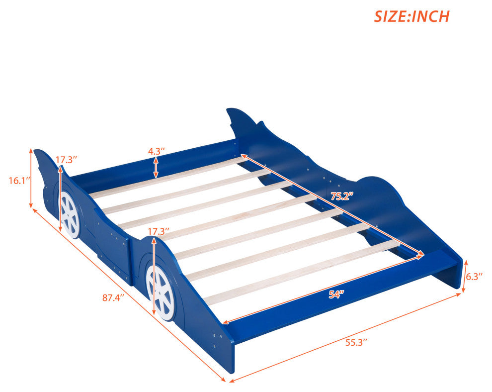 Gewnee Full Size Race Car-Shaped Platform Bed with Wheels,Blue