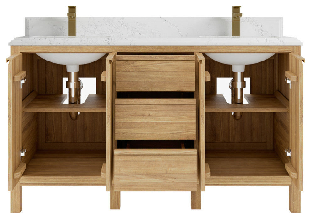 Elizabeth 60 Double Bathroom Vanity in Light Natural Teak 1.5" Empira Quartz