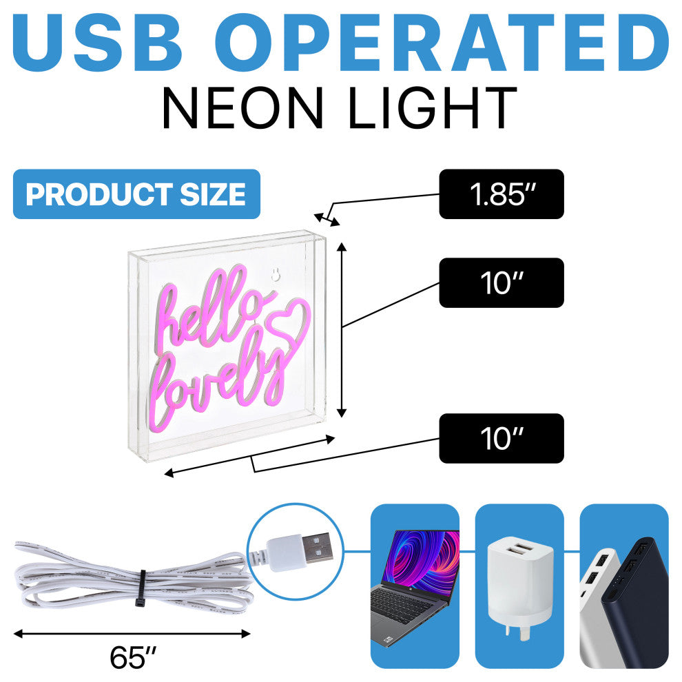 Hello Lovely 10" Square Acrylic Box USB Operated LED Neon Light, Pink