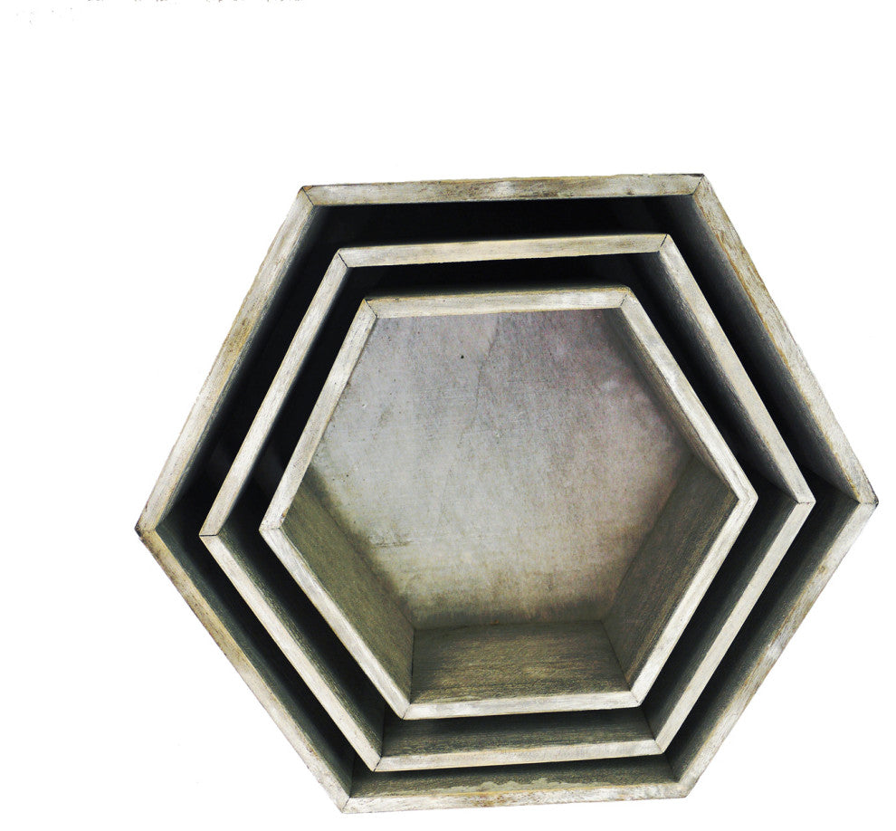 11.8" Gray Wash Hexagon Wood Crate, Set of 3
