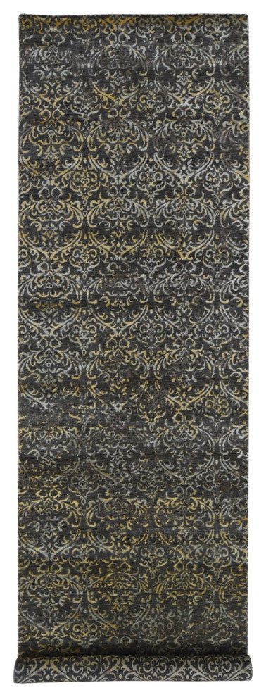 Brown, Modern Damask Hand Knotted, Wool and Silk Wide Runner Rug, 4'8"x18'2"