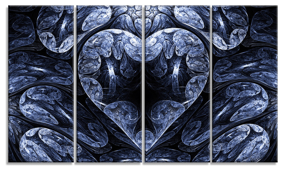 Cold Mystical Fractal Heart, Abstract Canvas Art Print, 48"x28", 4 Panels